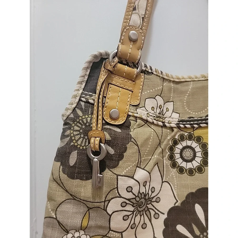 FOSSIL Patterned Canvas Leather Trim Shoulder/Tote Bag